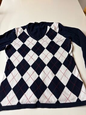 Tommy Hilfiger Argyle Sweater Navy/White V-Neck, sz M, preppy classic